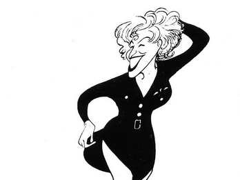 Drawing of smiling woman with high heels and dress, one hand on her head and one hand holding her skirt away from her bare legs. 
