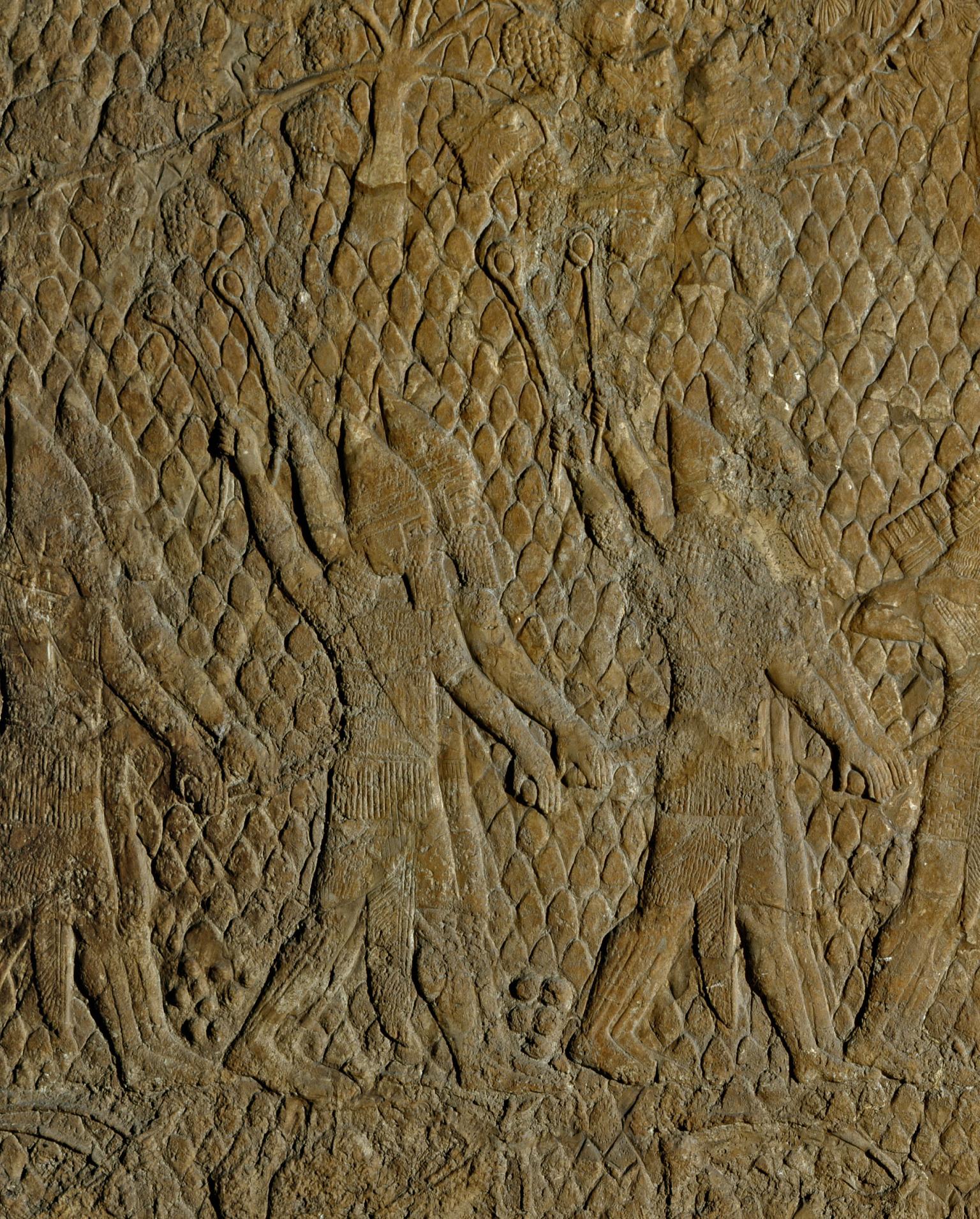 Relief with diamond pattern of people in cone-shaped hats swinging slingshots