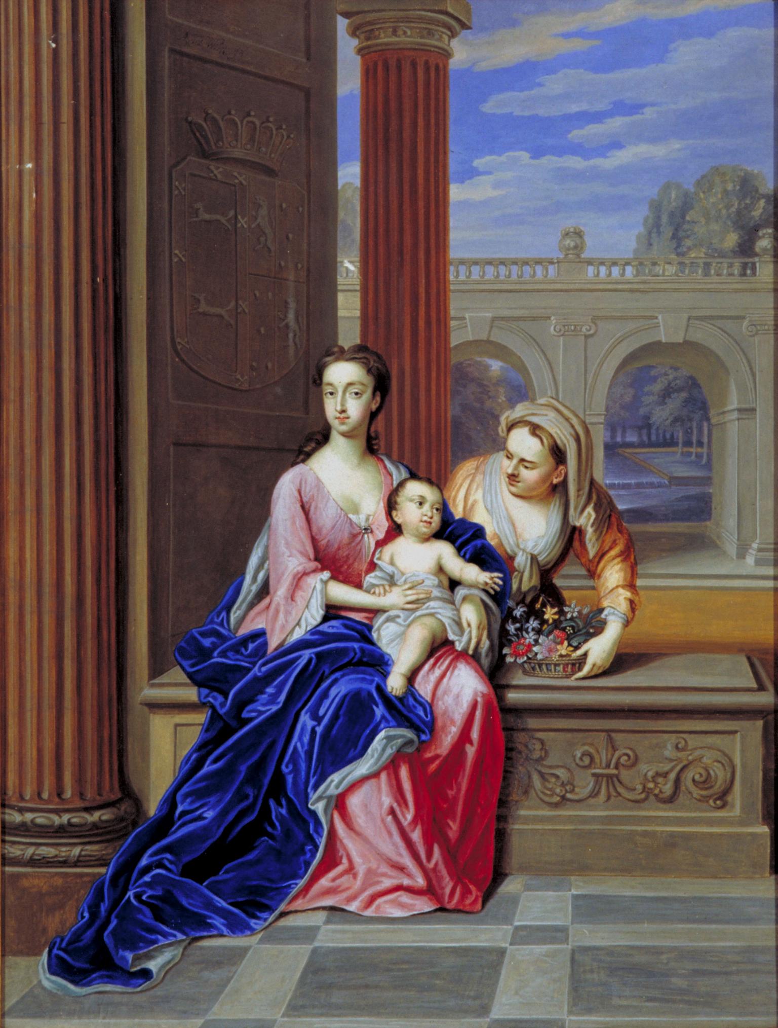 Painting of woman holding baby on bench next to columned doorway as another woman leans over her. 