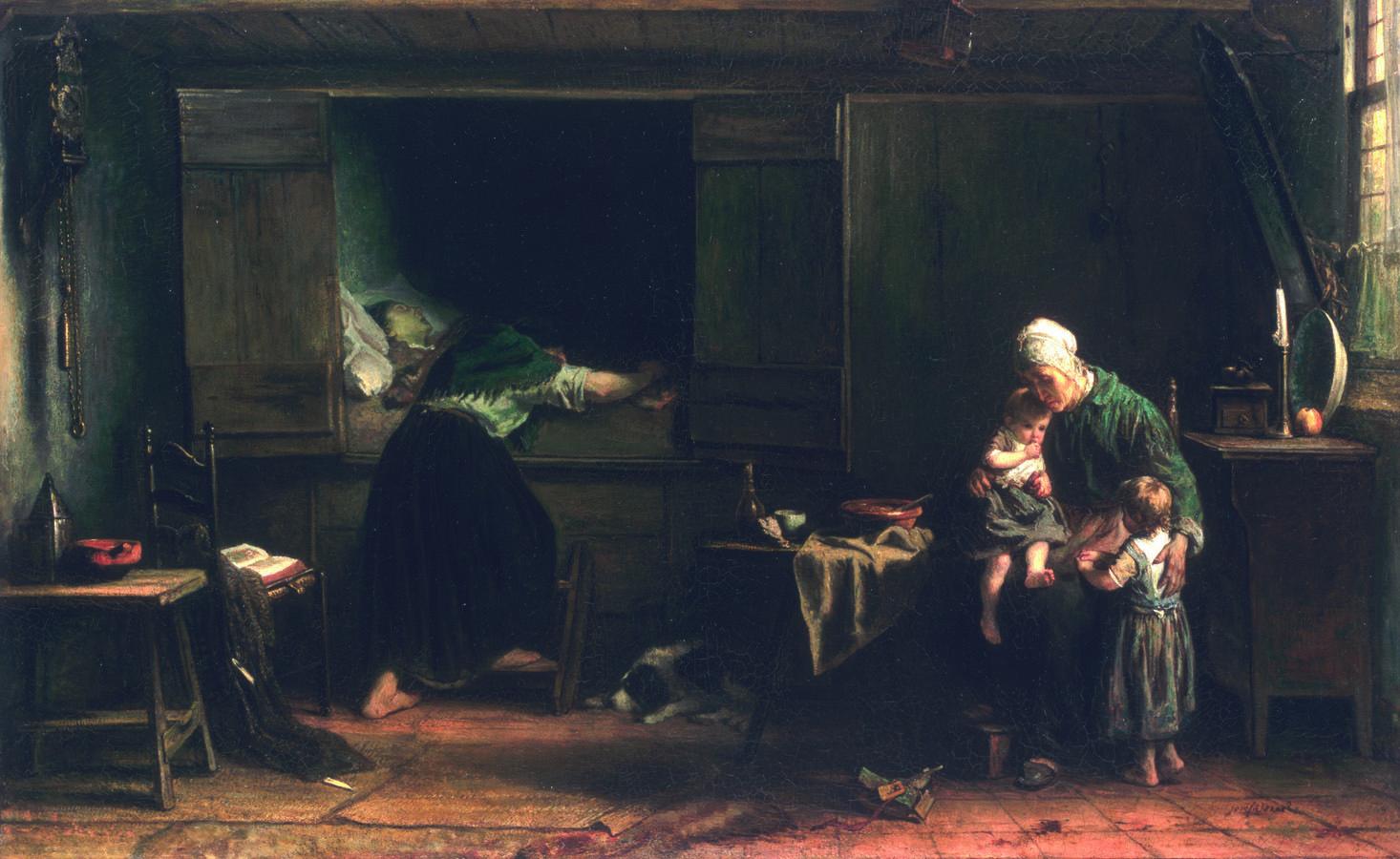 Painting of interior scene with woman throwing herself over the pale body of a man while an older woman watches two children.