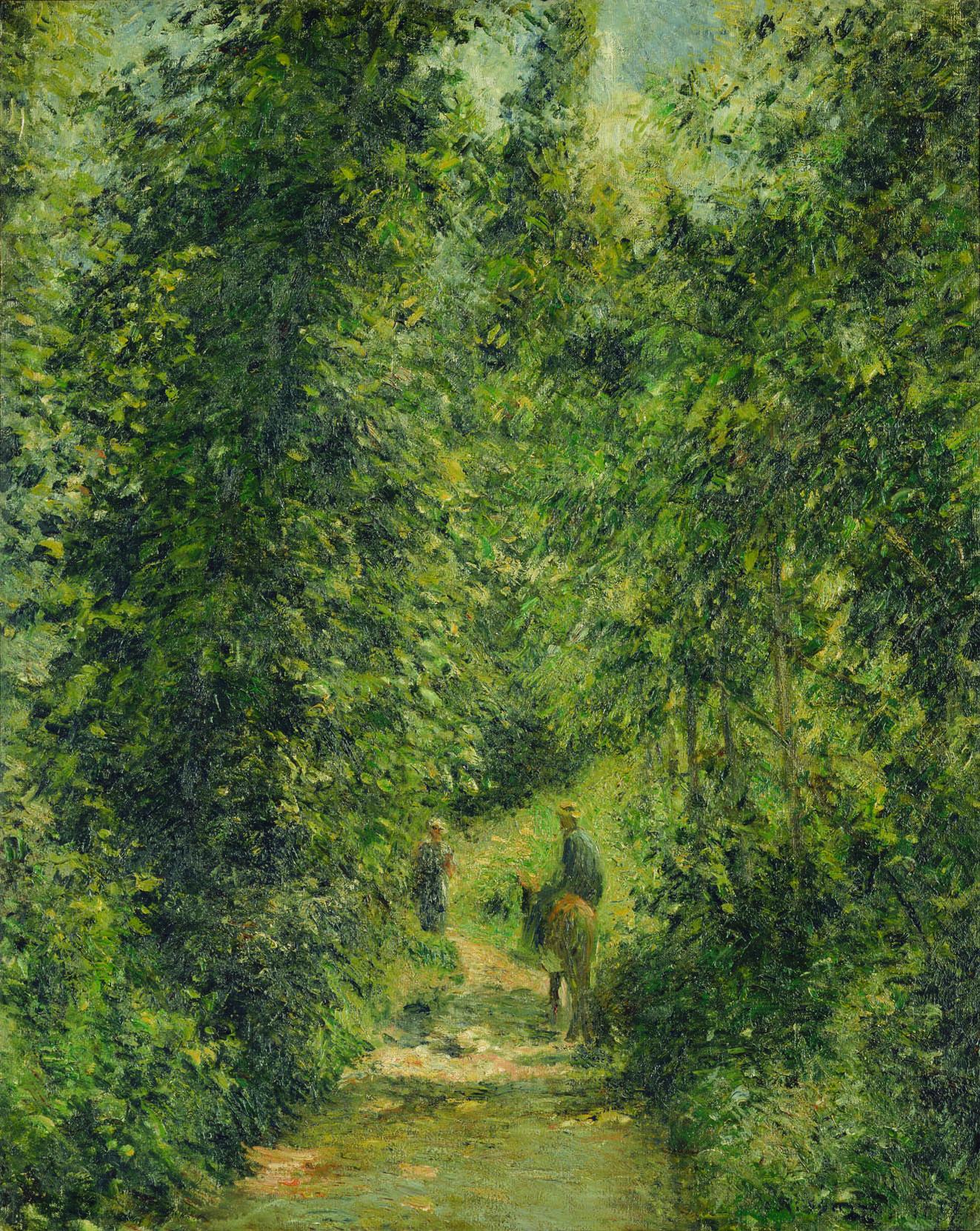 Painting depicting two people and animal walking through the woods away from viewer. 