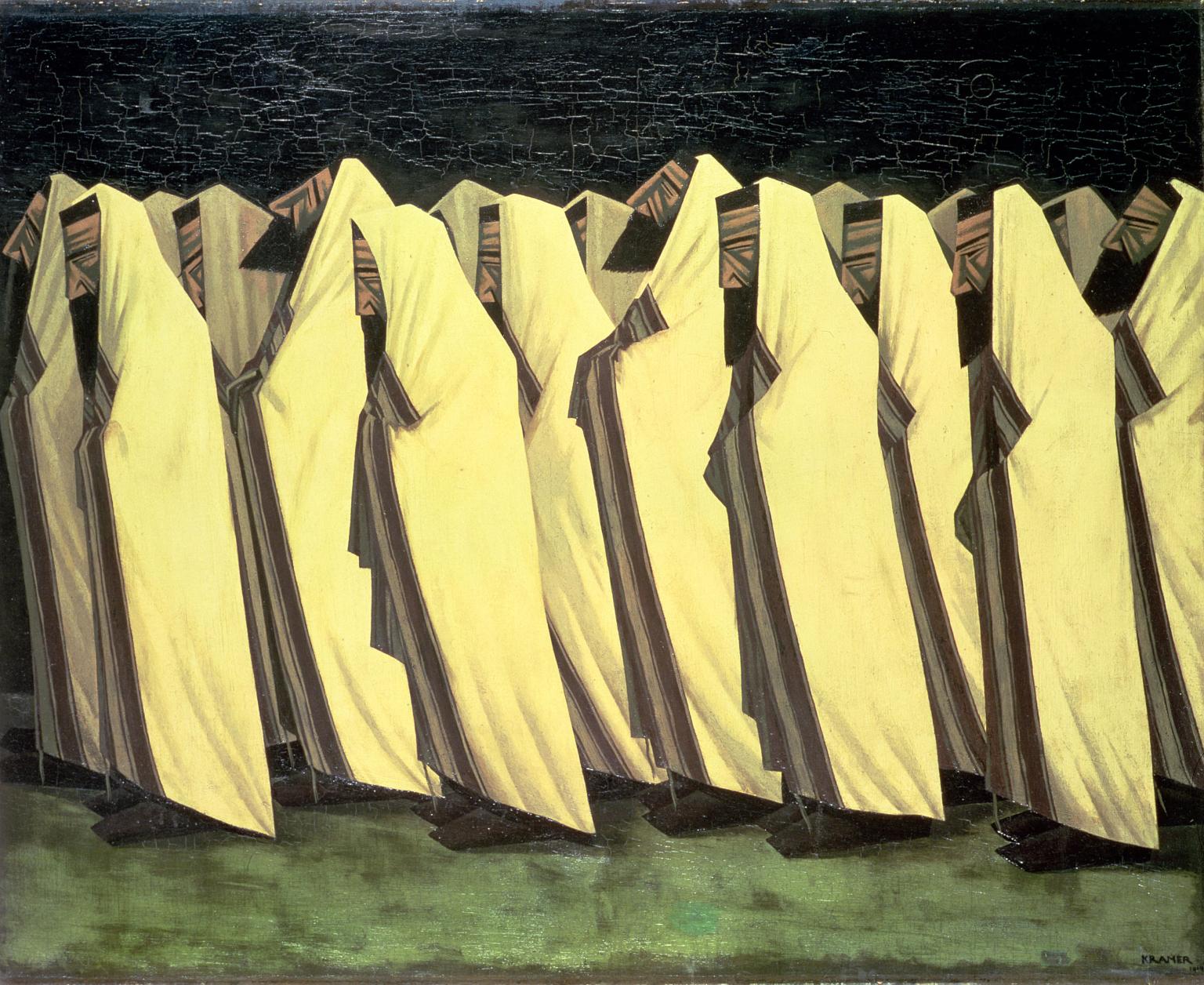 Oil painting of angular figures wearing prayer shawls in procession.