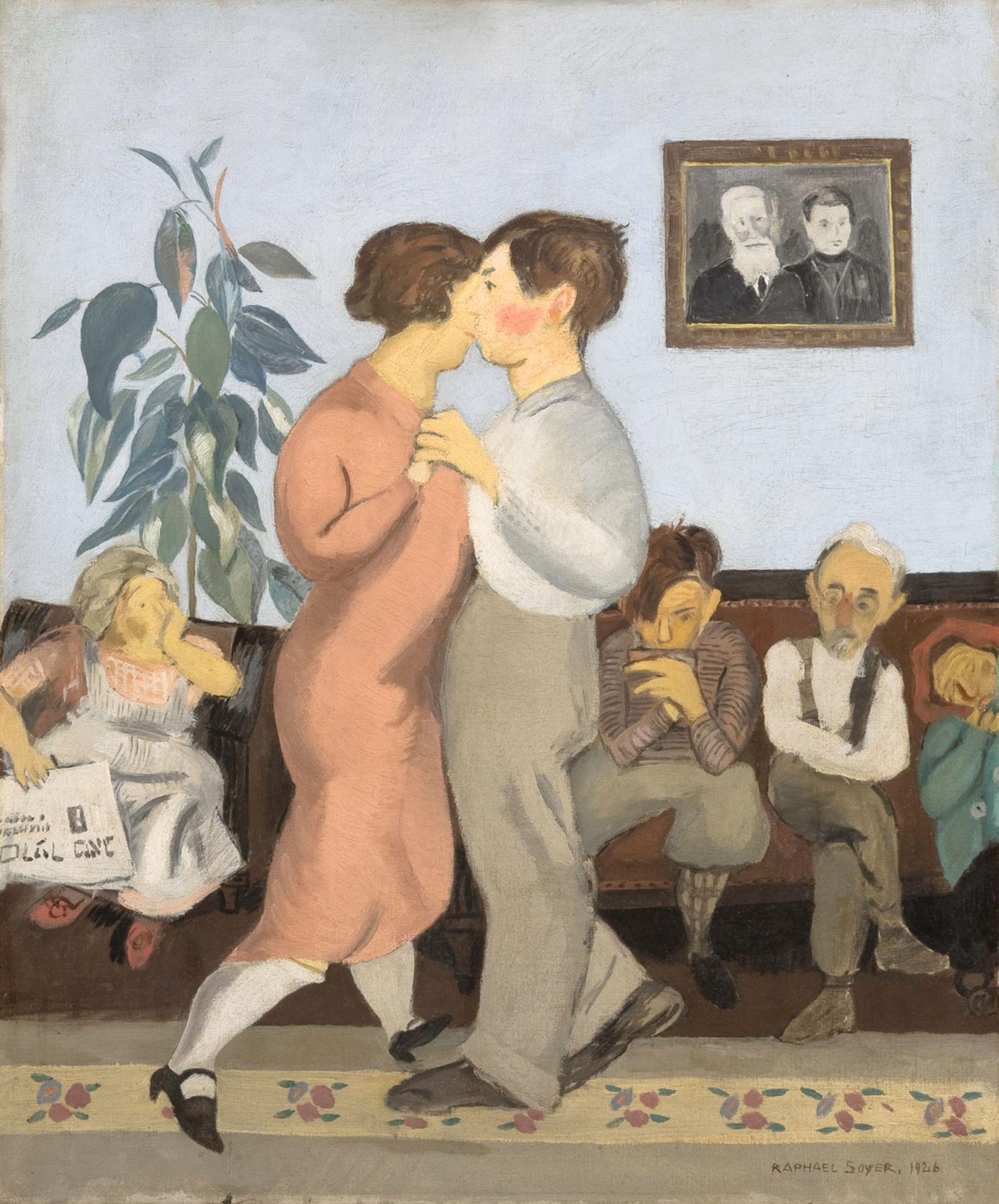 Painting of man and woman dancing to the accompaniment of a harmonica player, with people watching from sofa.