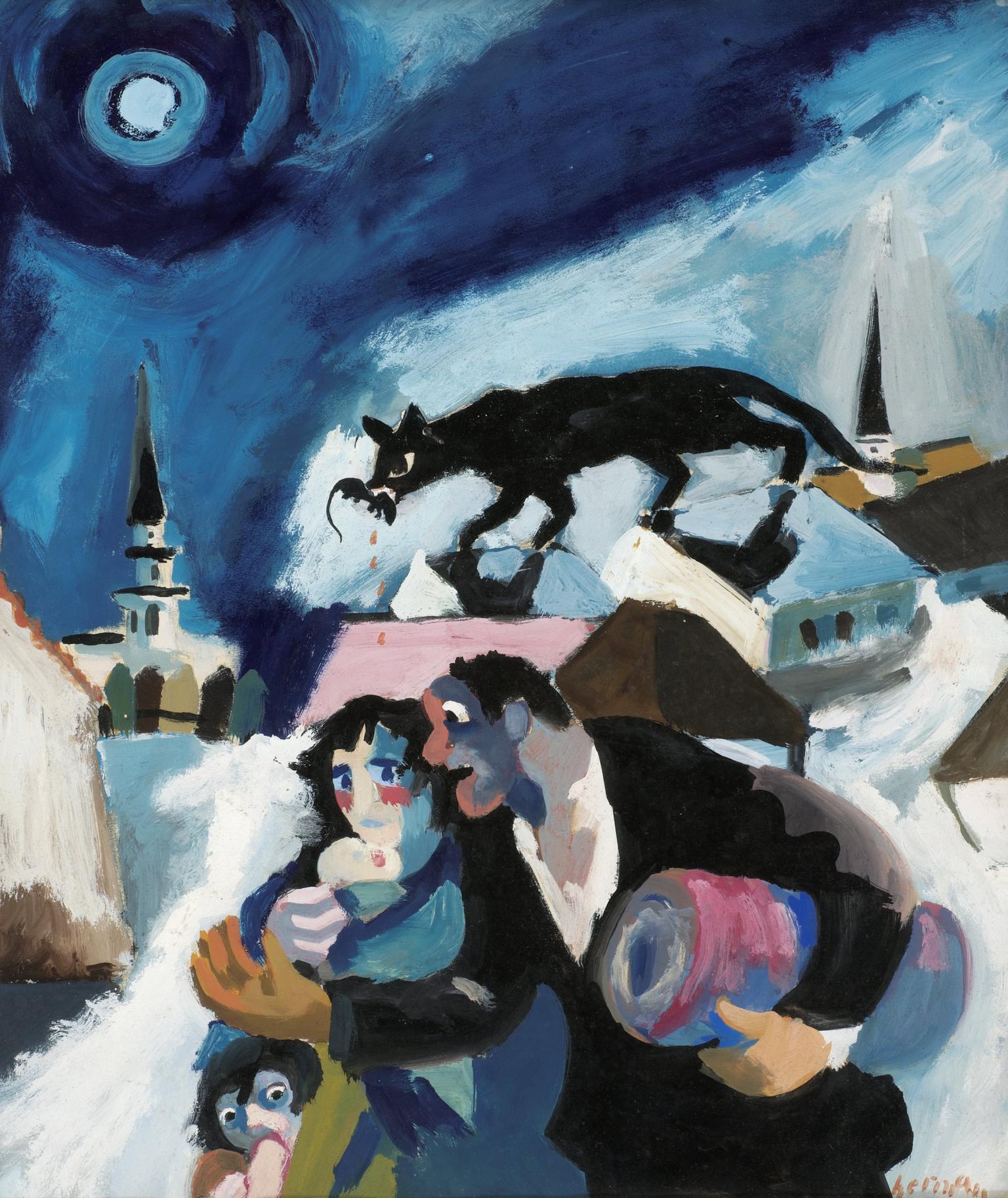 Painting of fearful father, mother, and two children in the foreground outside of city buildings, and large cat with a rat in its mouth on top of the buildings in the background.