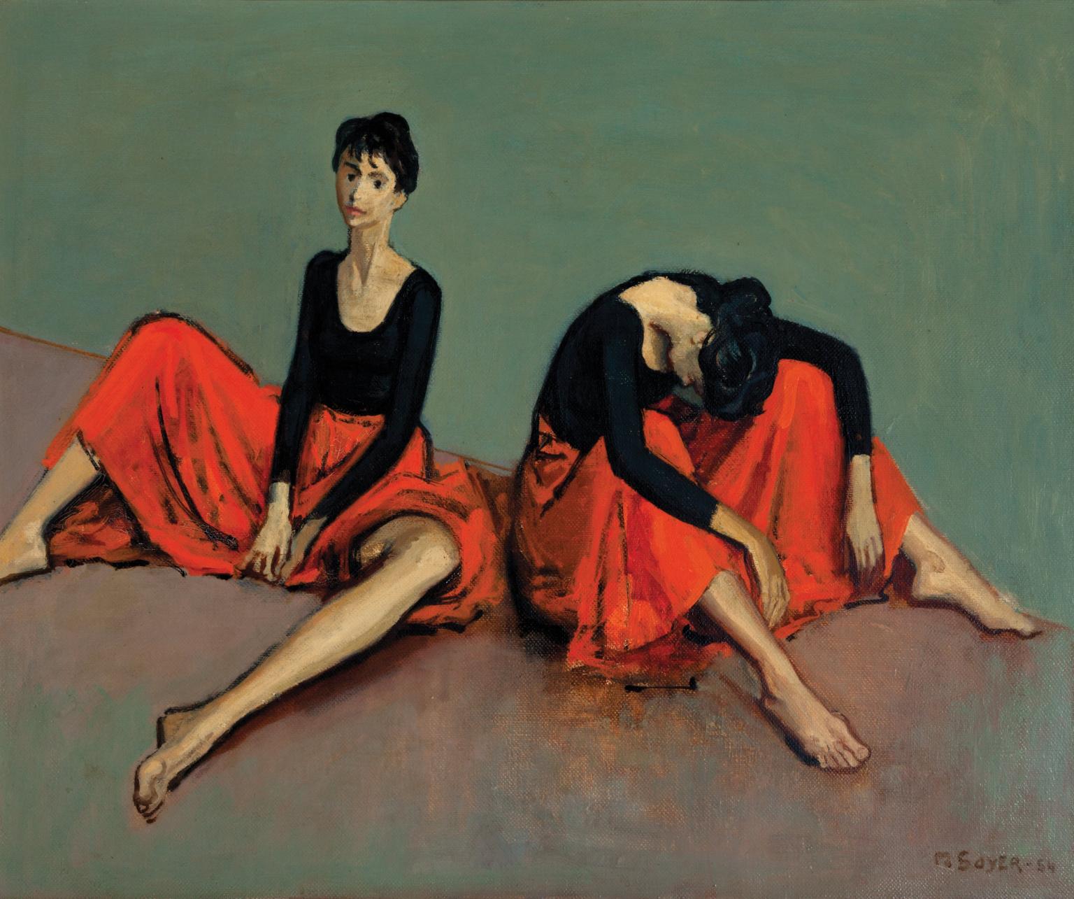 Painting of two female dancers in skirts seated with their knees slightly bent facing the viewer, one with head dropped and the other sitting up.