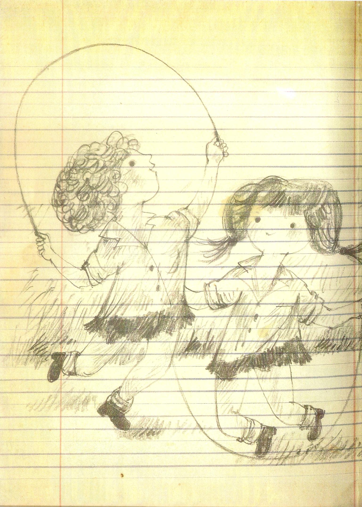 Drawing on lined paper of two children jumping rope. 