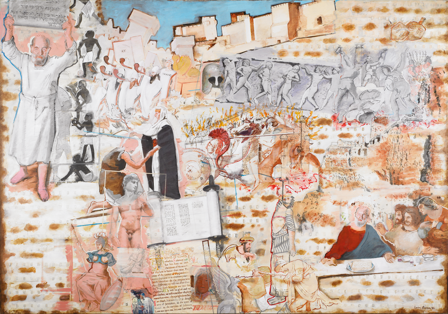 Painting of a piece of matzah featuring ancient Greek soldiers, shields, biblical figures, Greek statues, and scrolls, and buildings in the background.