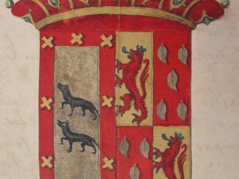 Drawing of coat of arms of two lions and ten leaves on the right and two dog-like animals on left.