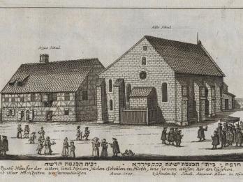 Print engraving of two buildings with tile roofs next to each other, one of mostly wood and the other of stone, with several people standing in front of them, and German writing below. 