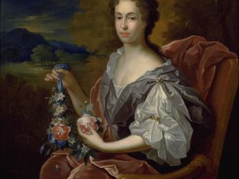 Portrait painting of seated woman facing viewer, dressed in gown, and holding flowers in both hands, with landscape in the background.