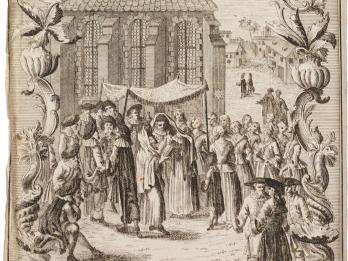 Print of couple under canopy with crowd of people looking, in front of building exterior with tall windows.