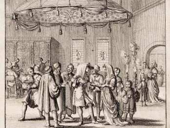 Print engraving of indoor scene with people standing around couple under large canopy with musicians in background.