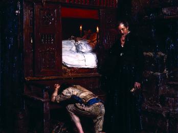 Painting depicting older man in bed as younger man kneels at bedside next to priest holding book.