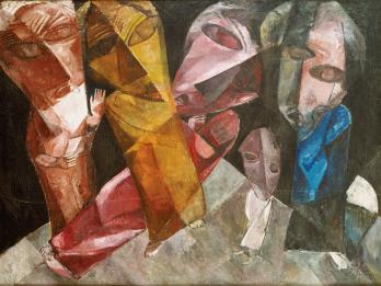 Painting of five figures with geometric heads and bodies.