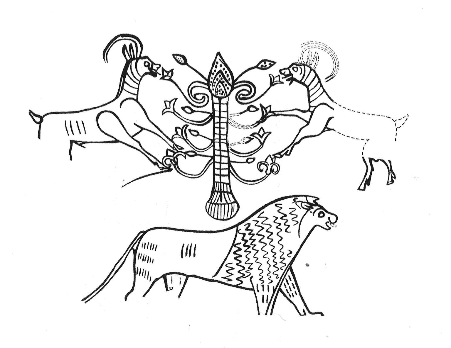 Drawing of a lion and two ibexes eating flora of a tree.