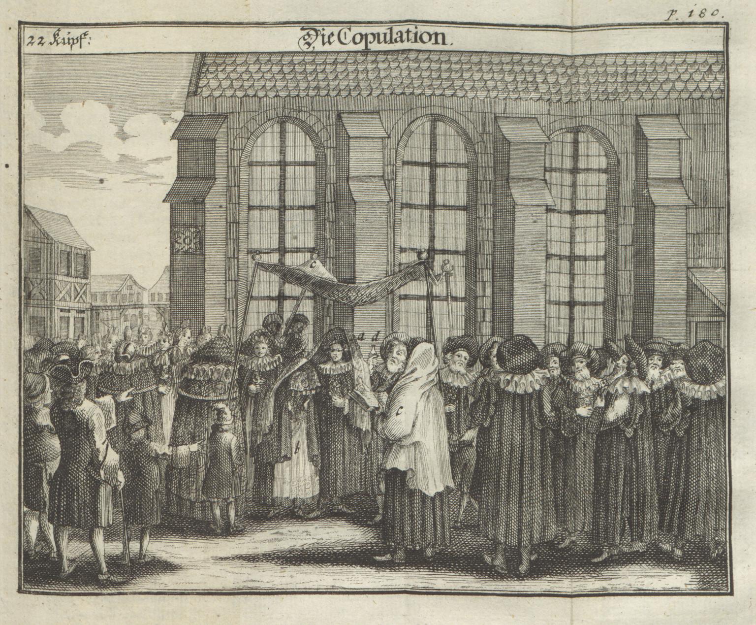 Print engraving of crowd of people outside of building gathered around couple under wedding canopy.