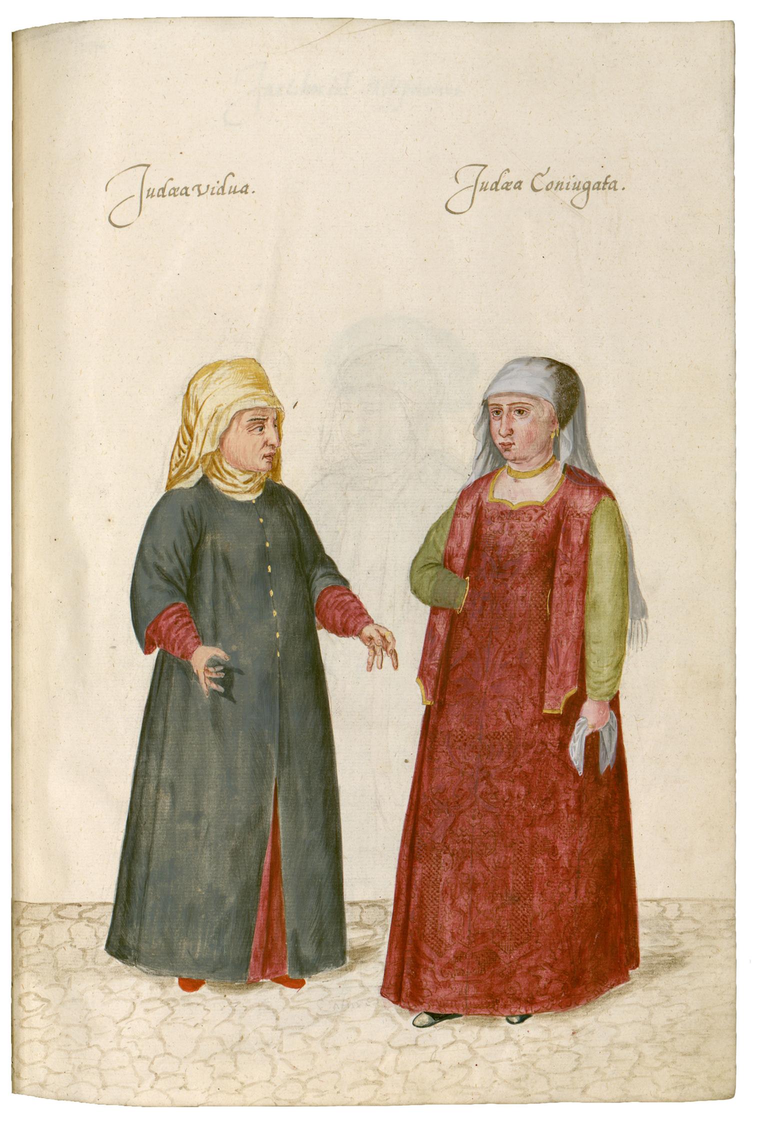Watercolor depicting two woman standing wearing head coverings and dresses with Latin text above. 