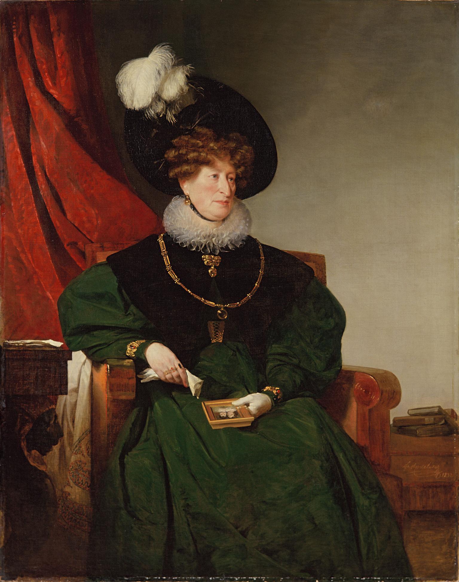 Portrait painting of seated woman wearing gold jewelry, large hat brimmed with feather, and holding a handkerchief and small portrait of two individuals in her lap.