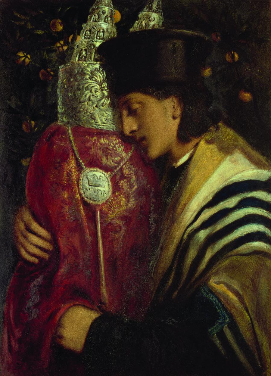 Painting of man with eyes closed holding Torah scroll. 