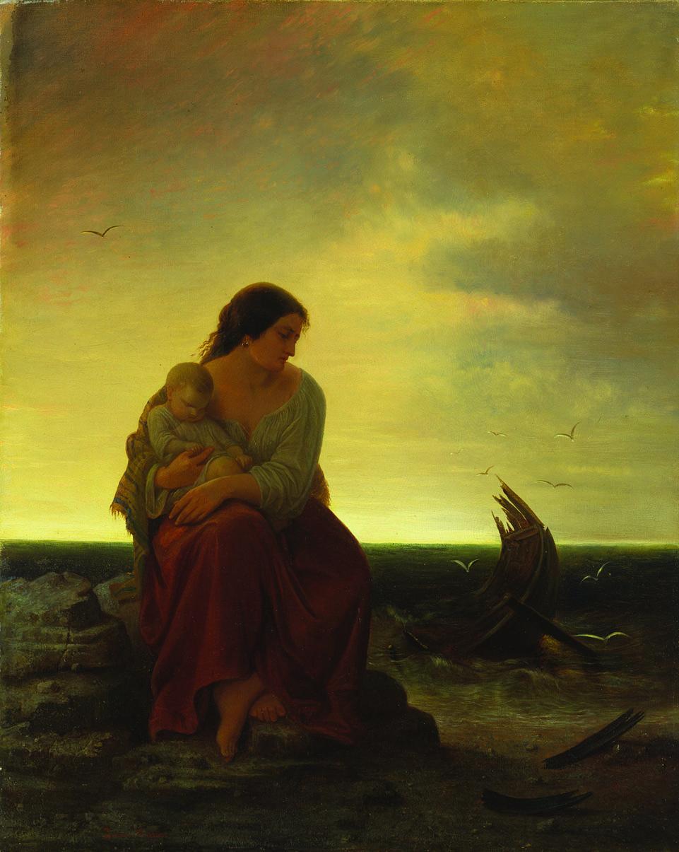 Painting featuring seated woman holding a child and looking at a damaged boat in the water near the shore.