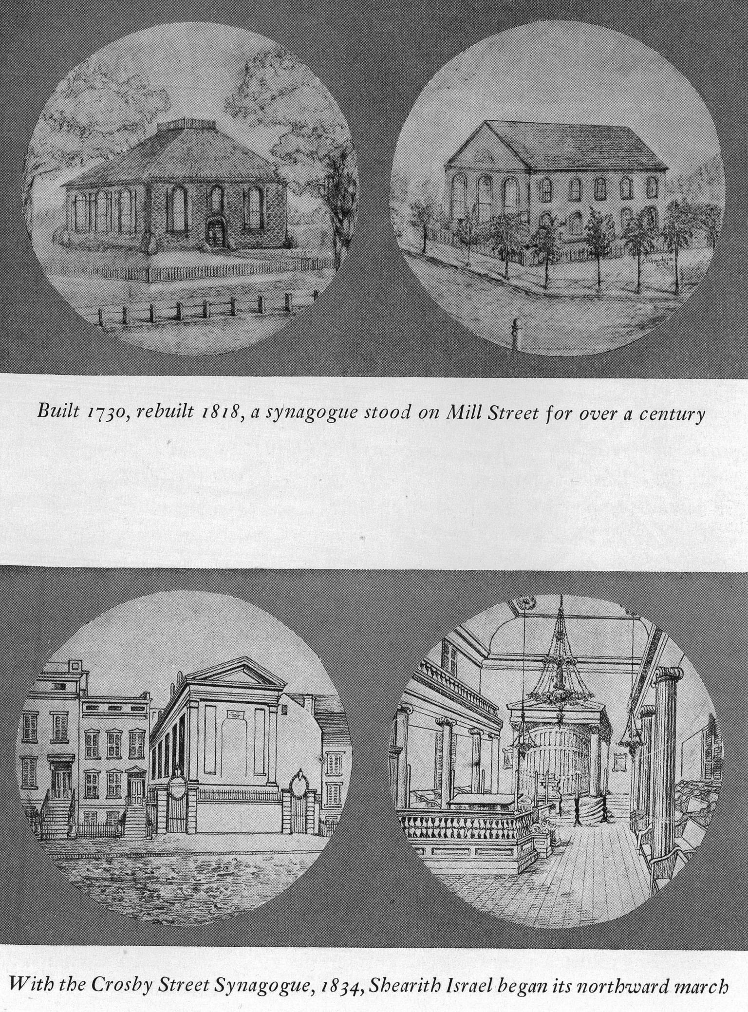 Two circular drawings of exterior of building surrounded by fence and trees and English caption; two circular drawings, one of exterior of buildings side-by-side and the other of interior of building with columns and balcony, with English caption underneath.  