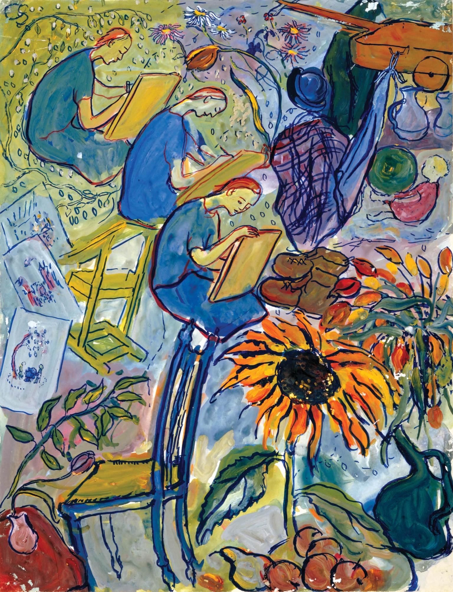 Abstract painting of three women drawing, surrounded by flowers, easels, a chair, garments, and other objects.