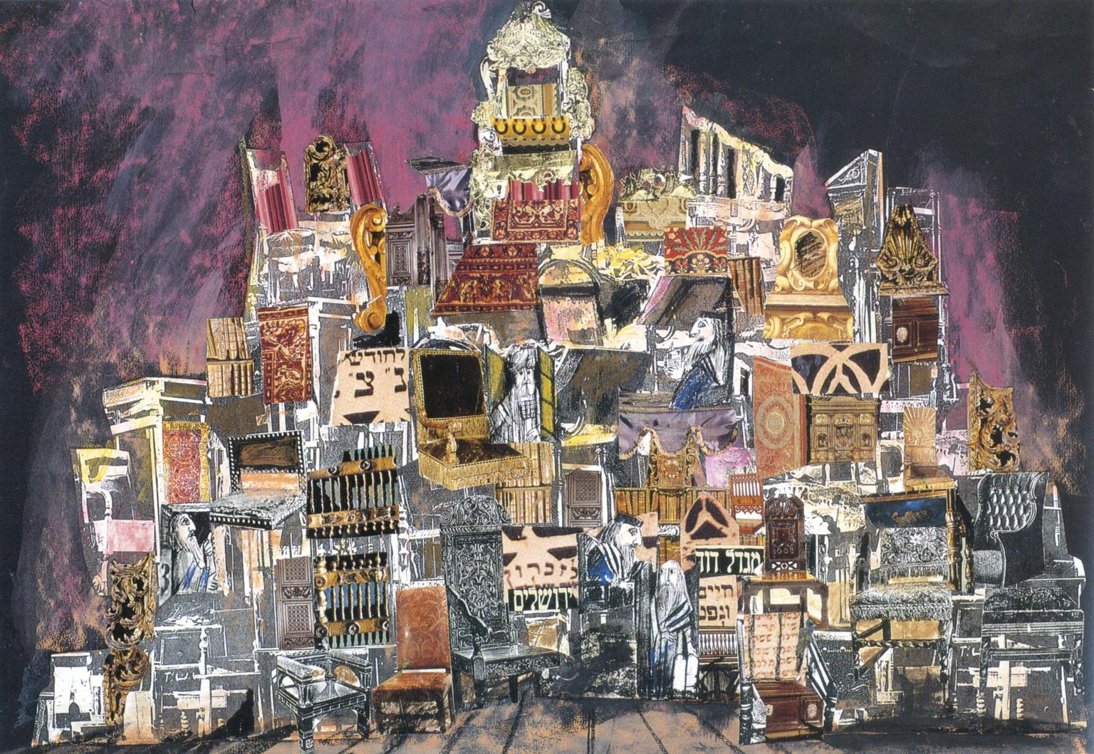 Illustration featuring tall stack of chairs made of different collage patterns, including Hebrew letters and faces, and traditional dining room chairs. 