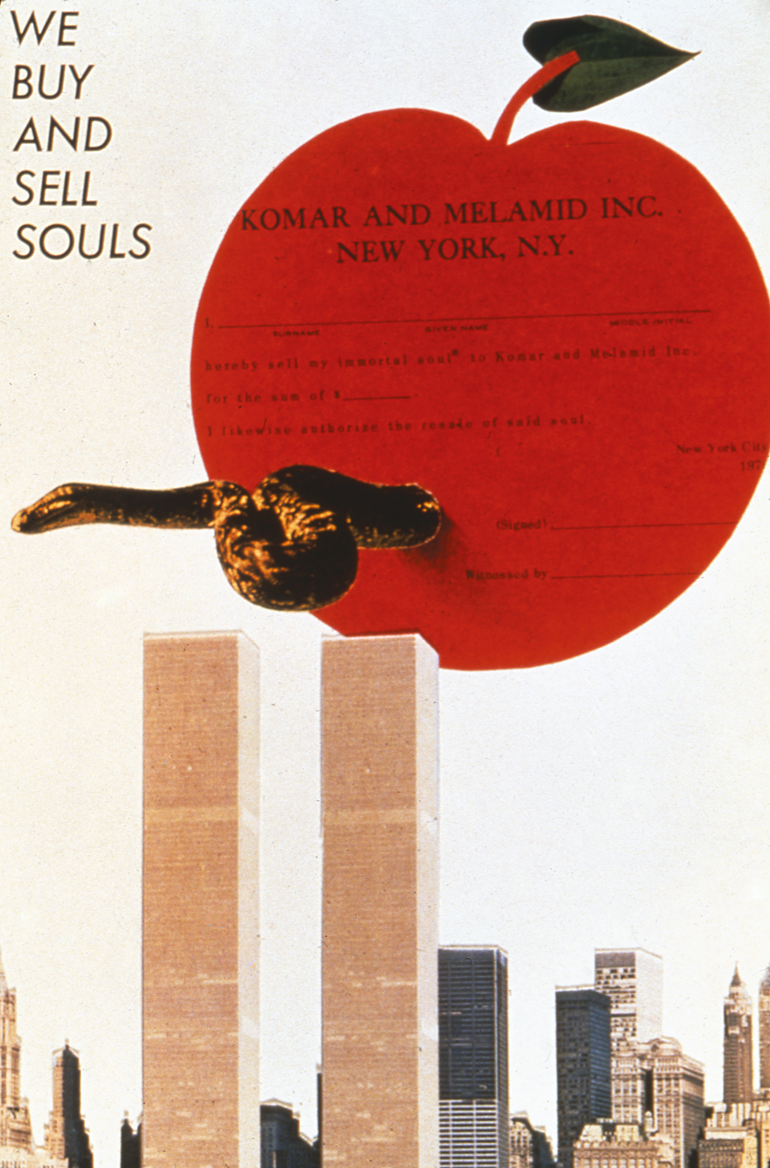 Poster of giant apple with worm hovering over two twin skyscrapers and smaller skyscrapers and English text on the left reading, "We Buy and Sell Souls."