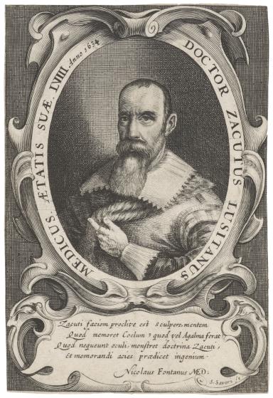 Print portrait of bearded man in circular frame with Latin text encircling him and in frame below.