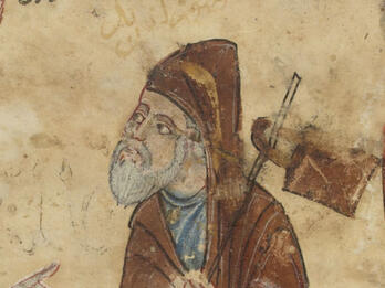 Illustration of a bearded man in a robe holding a staff over his shoulder with a bag hanging from it, reaching his hand out toward another hand extended from the left edge of the image.