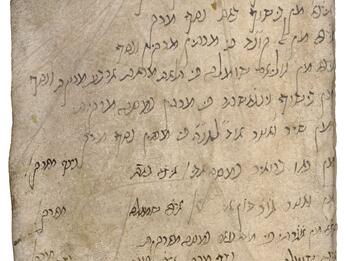 Worn manuscript page with handwritten vowelless Hebrew, with some lines spaced out across the page.