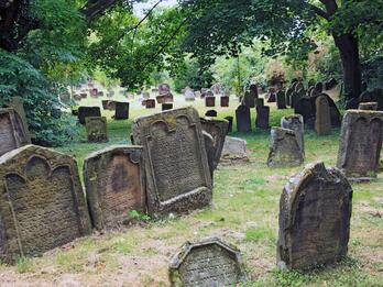 Photo of a cemetery in which many weathered gravestones of varying shapes and sizes stand closely together and are inscribed with framed Hebrew text.