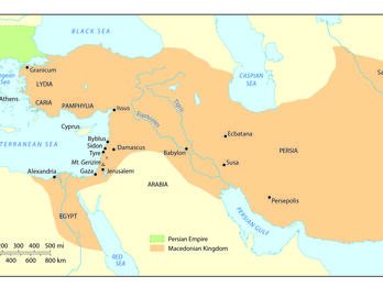 Map showing the Persian Empire in beige, the Macedonian Kingdom in green, and major ancient cities and regions, including Persia, Babylon, Egypt, and Athens, bordered by seas such as the Mediterranean and Caspian.