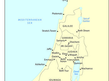 Map of ancient Galilee, Samaria, Judaea, and Idumaea, and surrounding areas, with cities such as Jerusalem, Jericho, and Ashkelon labeled.
