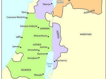 Map showing the division of Herod's kingdom among his sons: Archelaus (Samaria, Judaea, and Idumaea), Antipas (Galilee and Peraea), and Philip (Batanaea, Trachonitis, and Auranitis), with labeled cities and surrounding regions.