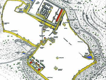 A map of ancient Jerusalem showing city walls, the Temple Mount, gates, pools, palaces, dwellings, and other structures, with labeled sections and surrounding terrain details.