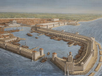 Drawing of curved breakwater protecting a harbor with boats and large columned building.