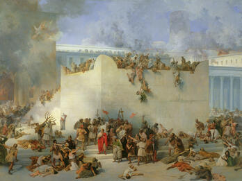 Painting of people, including soldiers, fighting on top of and next to a stone-walled building. Flames and smoke emerge from parts of the building, and winged angels appear in the top left.