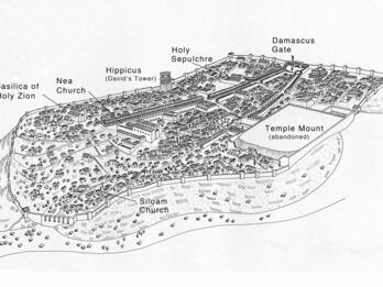 Black-and-white illustrated map of Byzantine Jerusalem, showing labeled landmarks: Basilica of Holy Zion, Nea Church, Hippicus (David's Tower), Holy Sepulchre, Damascus Gate, Temple Mount (abandoned), and Siloam Church.