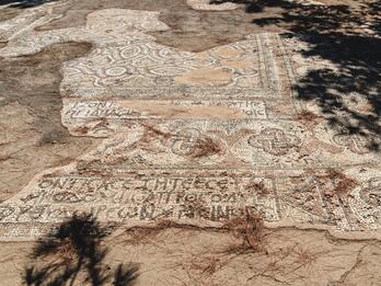 A partially uncovered ancient mosaic on dry, cracked ground, with geometric patterns and some Greek text visible. Shadows from nearby trees fall across the mosaic's surface.