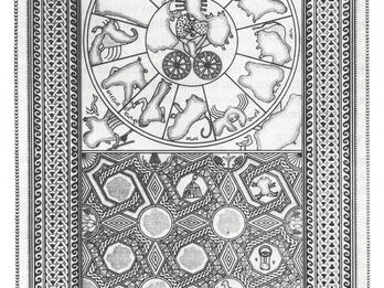 Black and white drawing of an ancient mosaic featuring menorahs, animals, a zodiac wheel with a chariot in the center, and geometric patterns with animal motifs in the lower section. Parts of the mosaic appear to be damaged or missing.