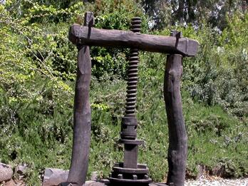 Old wooden olive press with a large vertical screw, set outdoors on a stone base surrounded by trees and greenery.