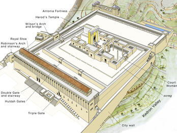 Illustrated aerial view of a temple complex, showing labeled structures such as Herod's Temple, Antonia Fortress, Royal Stoa, and various gates.