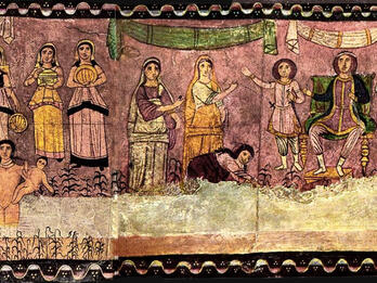Ancient mural showing women standing beside a river lined with reeds. A nude woman stands in the river holding an infant. To their right, a man sits on a throne, flanked by two other men. Two women stand before him; another woman kneels.