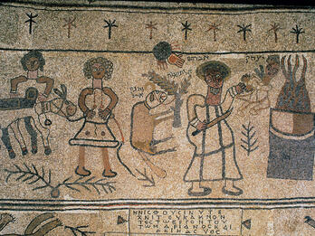 Ancient mosaic with several human figures, including two standing with a donkey on the left and one holding a knife and an infant next to a large fire on the right. In the center is a ram attached to a plant. The mosaic includes Hebrew and Greek inscriptions.