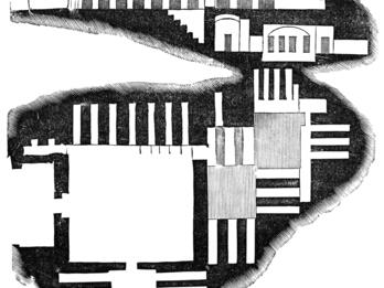 Line drawing of an irregular shape with rectangular and semicircular shapes within it.
