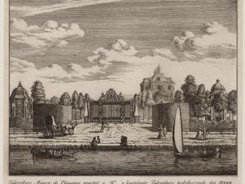 Print of river with boats in foreground and house and trees behind wall in background.