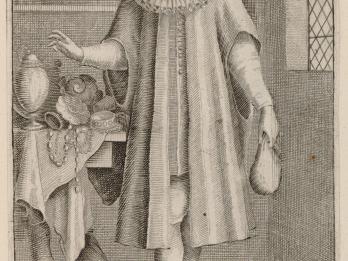 Printed engraving of man wearing hat and collar and holding bag, standing next to table with jewelry and household objects, and French caption. 