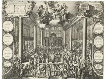 Print depicting crowded interior of room with tall ceiling, chandelier, and columns and second floor balcony along perimeter of room, a floorplan in the upper left corner and an exterior view in the upper right corner.