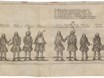 Drawing of men in fetters arranged in a line, some with ropes around their necks, and German text above.